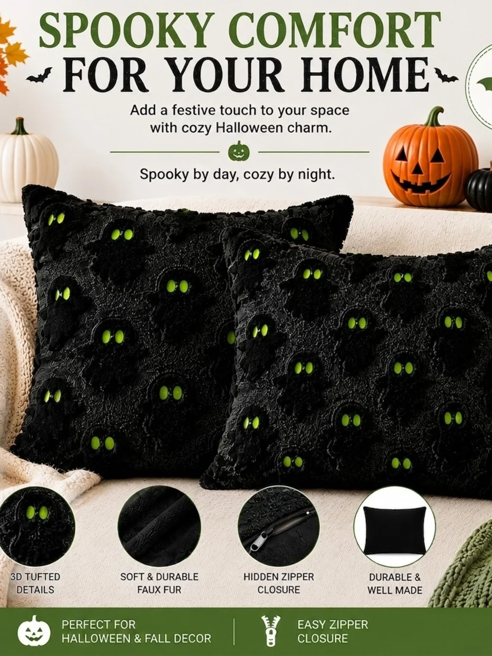 Black Halloween Tufted Throw Pillow Cover with Green Eyes With Insert